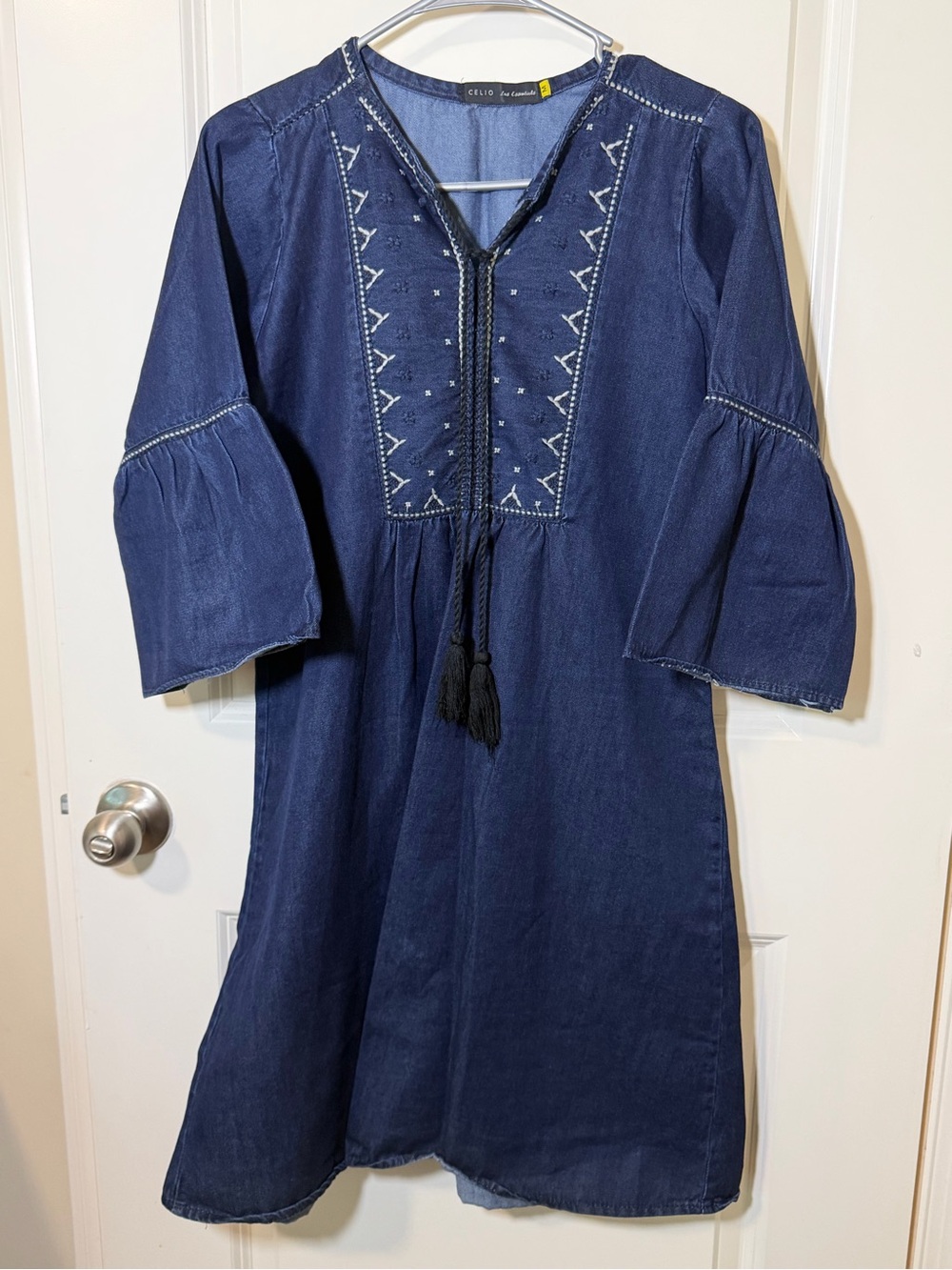 CELIO Navy Embroidered Midi Dress with Tassel Tie